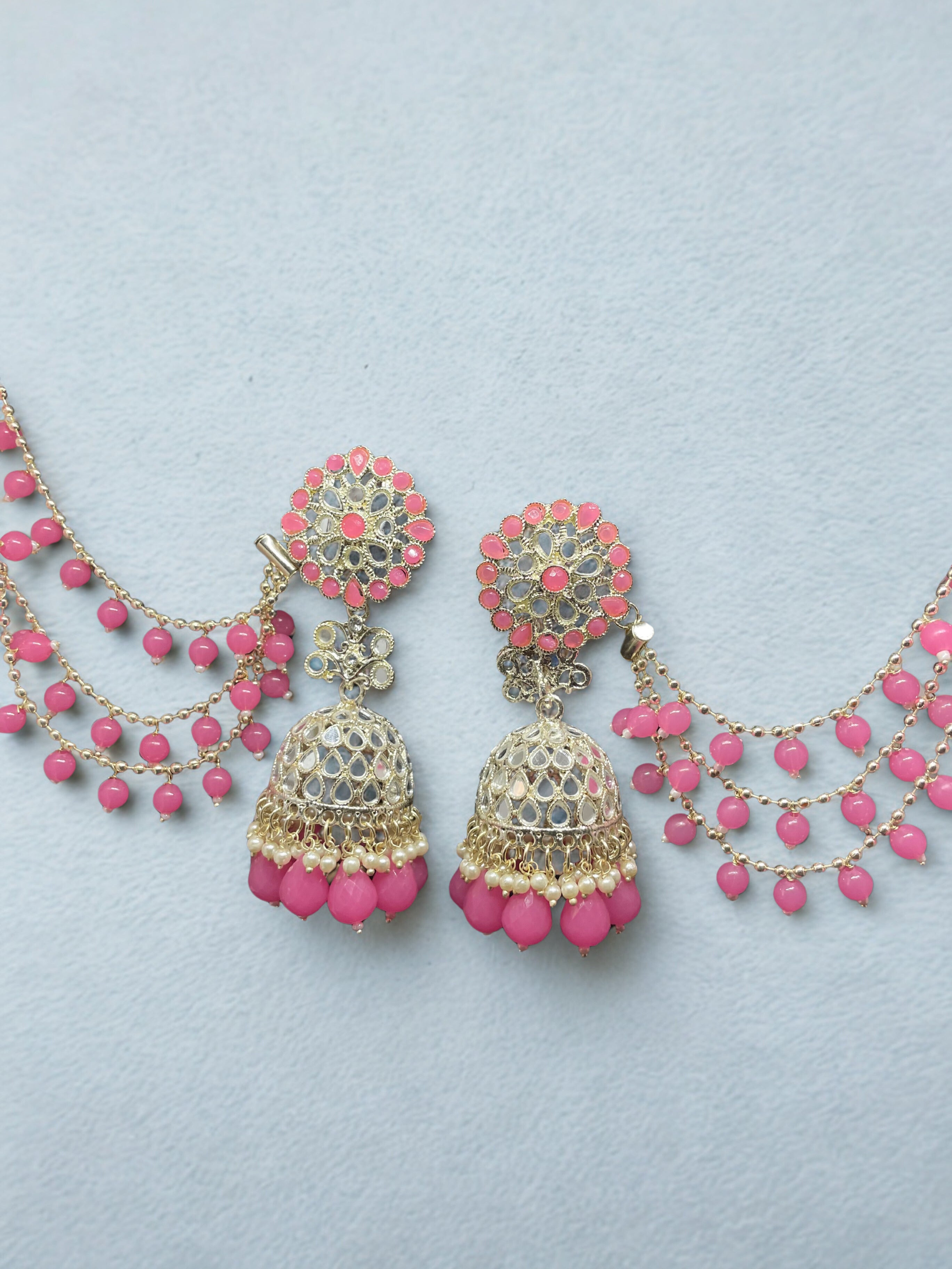 Elegant Pink Beaded Jhumkas & Hair Chain