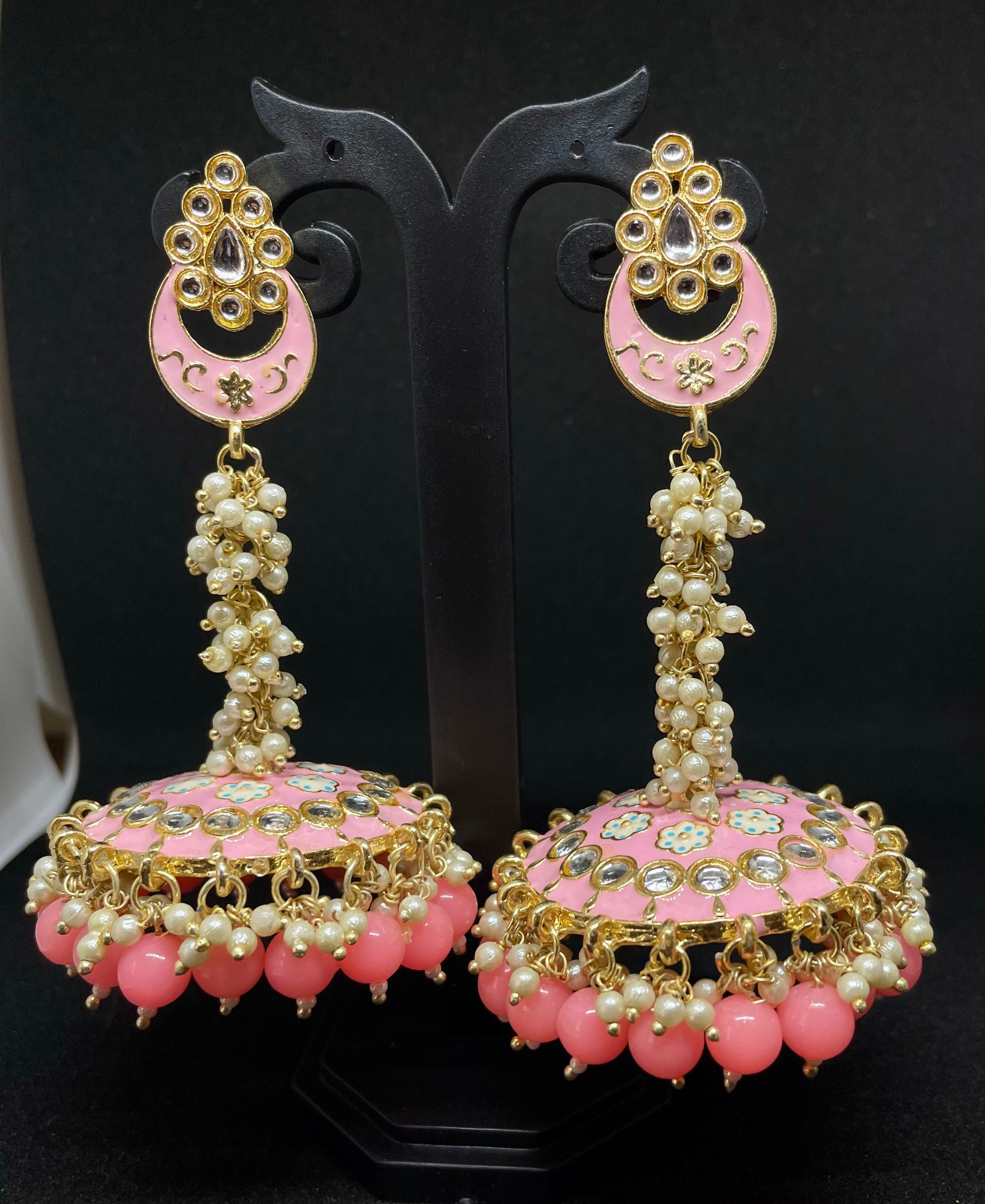 Pink Kundan Jhumkas with Pearl Detailing