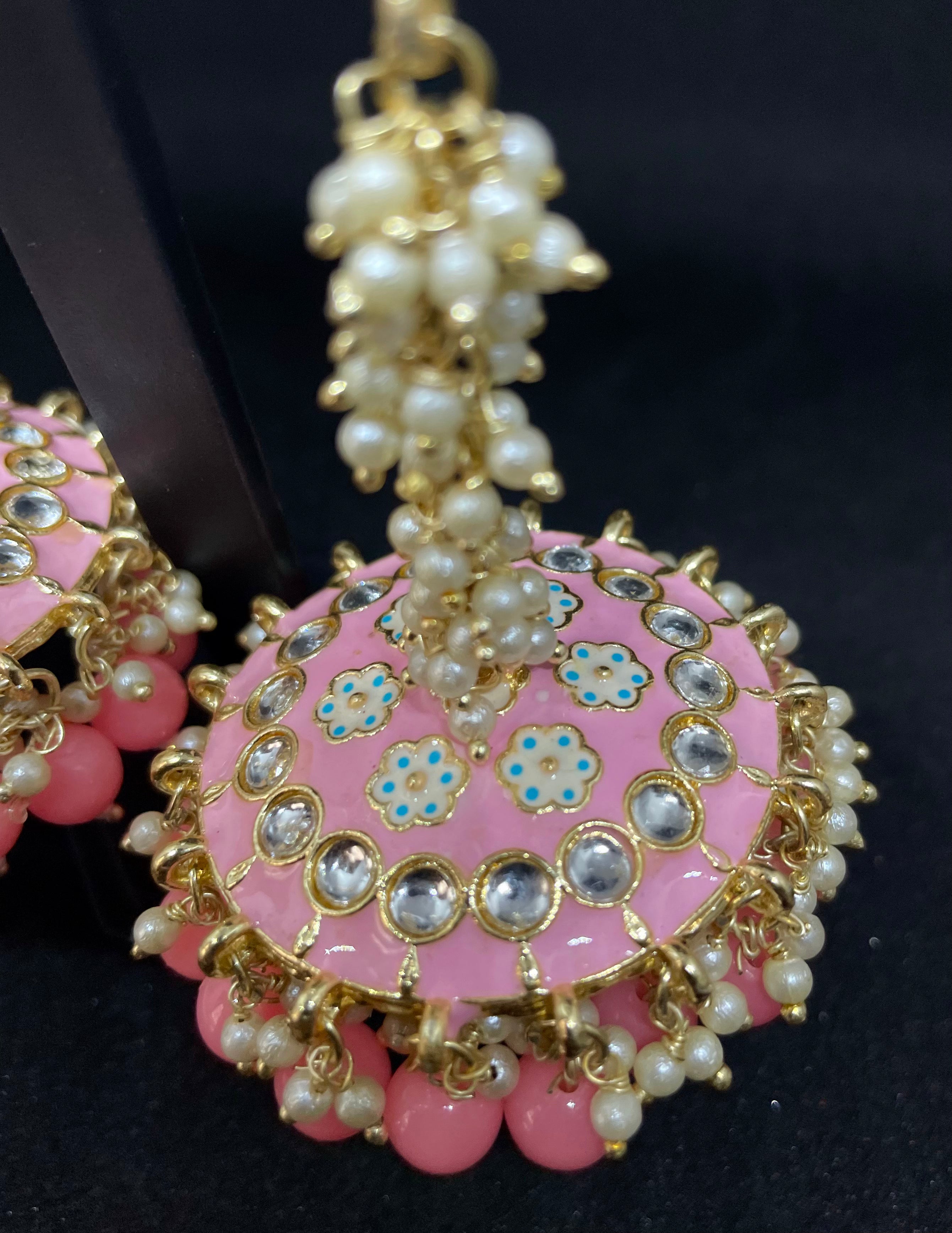 Pink Kundan Jhumkas with Pearl Detailing