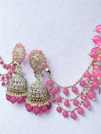 Elegant Pink Beaded Jhumkas & Hair Chain
