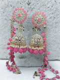 Elegant Pink Beaded Jhumkas & Hair Chain