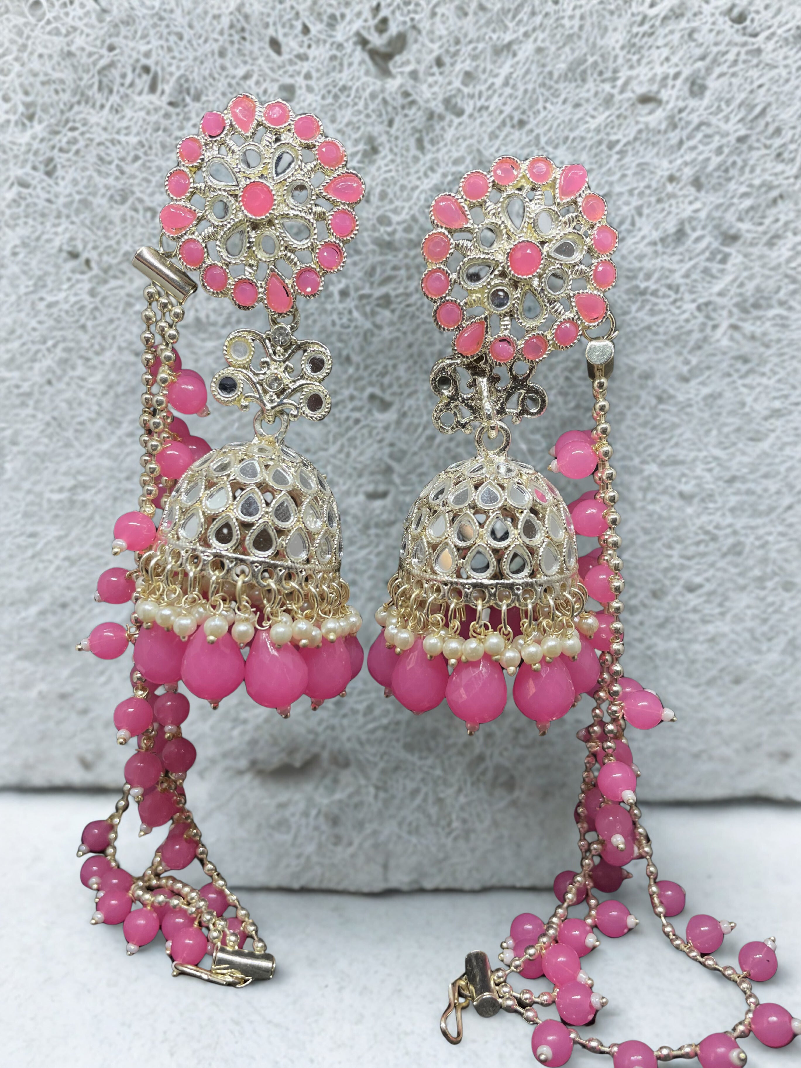 Elegant Pink Beaded Jhumkas & Hair Chain