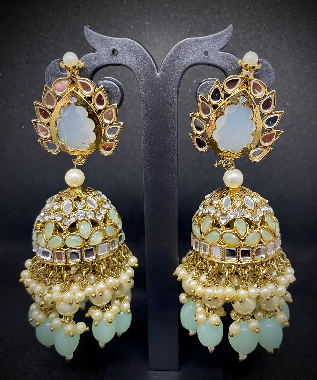 Pastel Green & White Kundan Chandbali Earrings