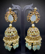 Pastel Green & White Kundan Chandbali Earrings