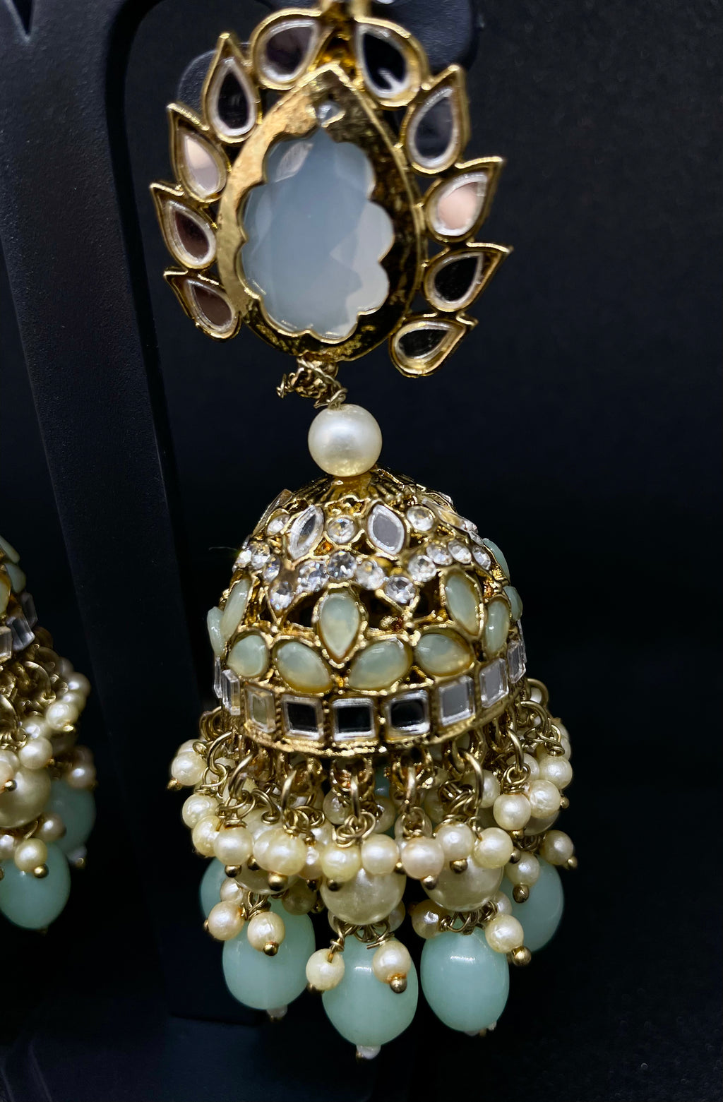 Pastel Green & White Kundan Chandbali Earrings