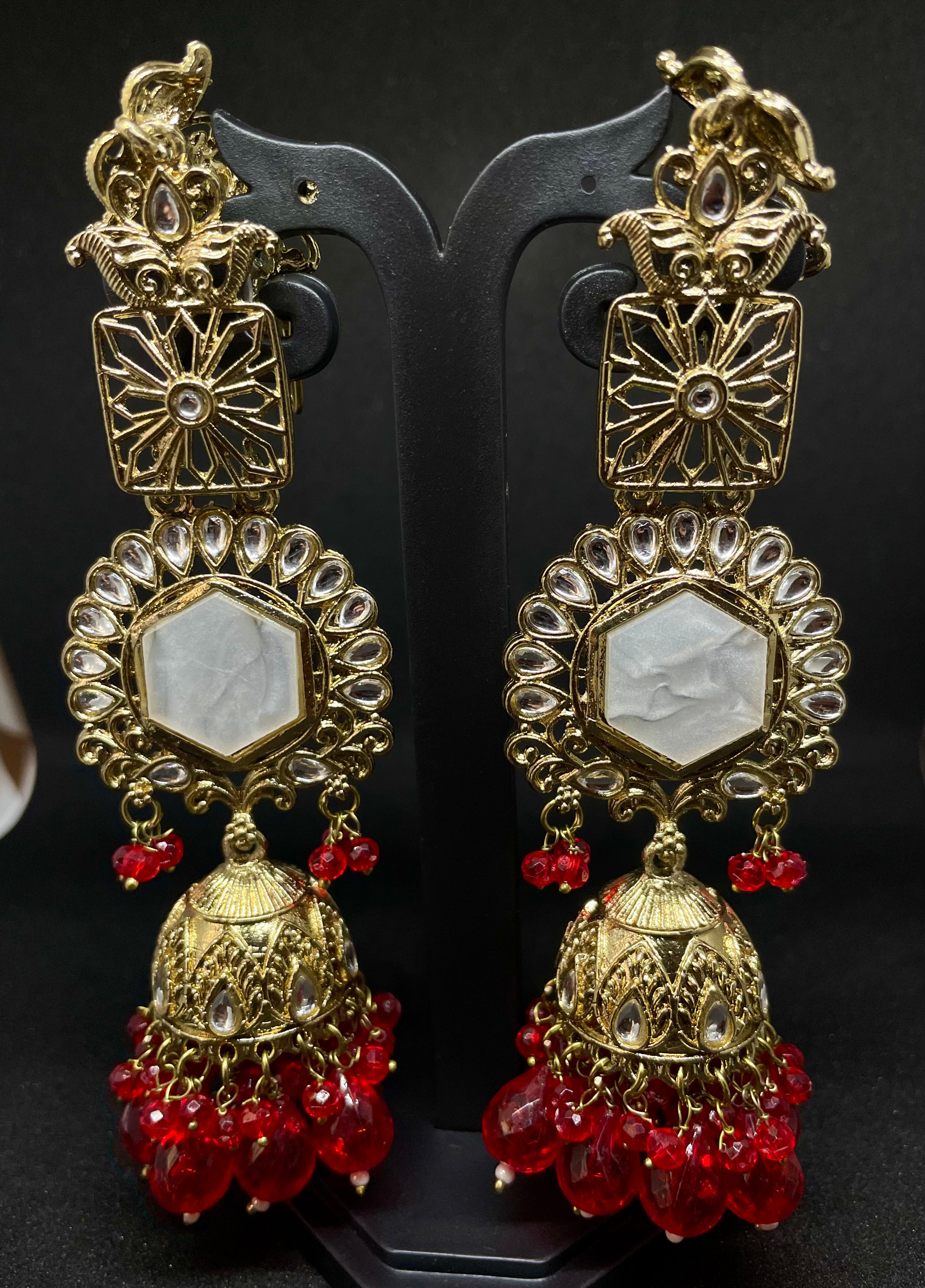 Long Red Beaded Hair-Tuck Earrings