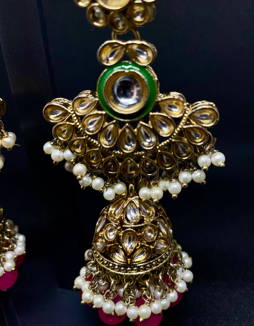 Antique Gold Kundan Earrings with Pink Bead Drops
