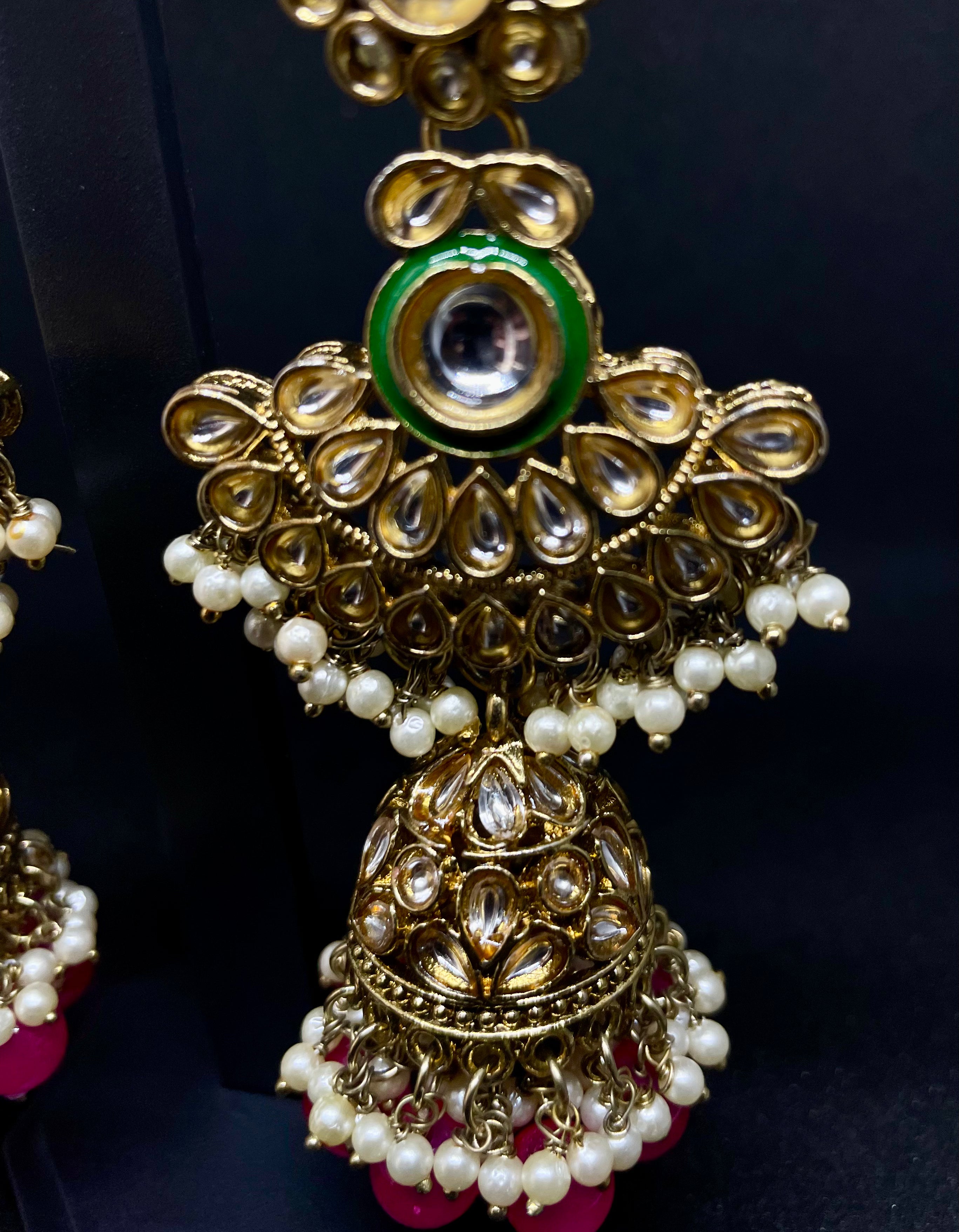 Antique Gold Kundan Earrings with Pink Bead Drops