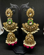 Antique Gold Kundan Earrings with Pink Bead Drops