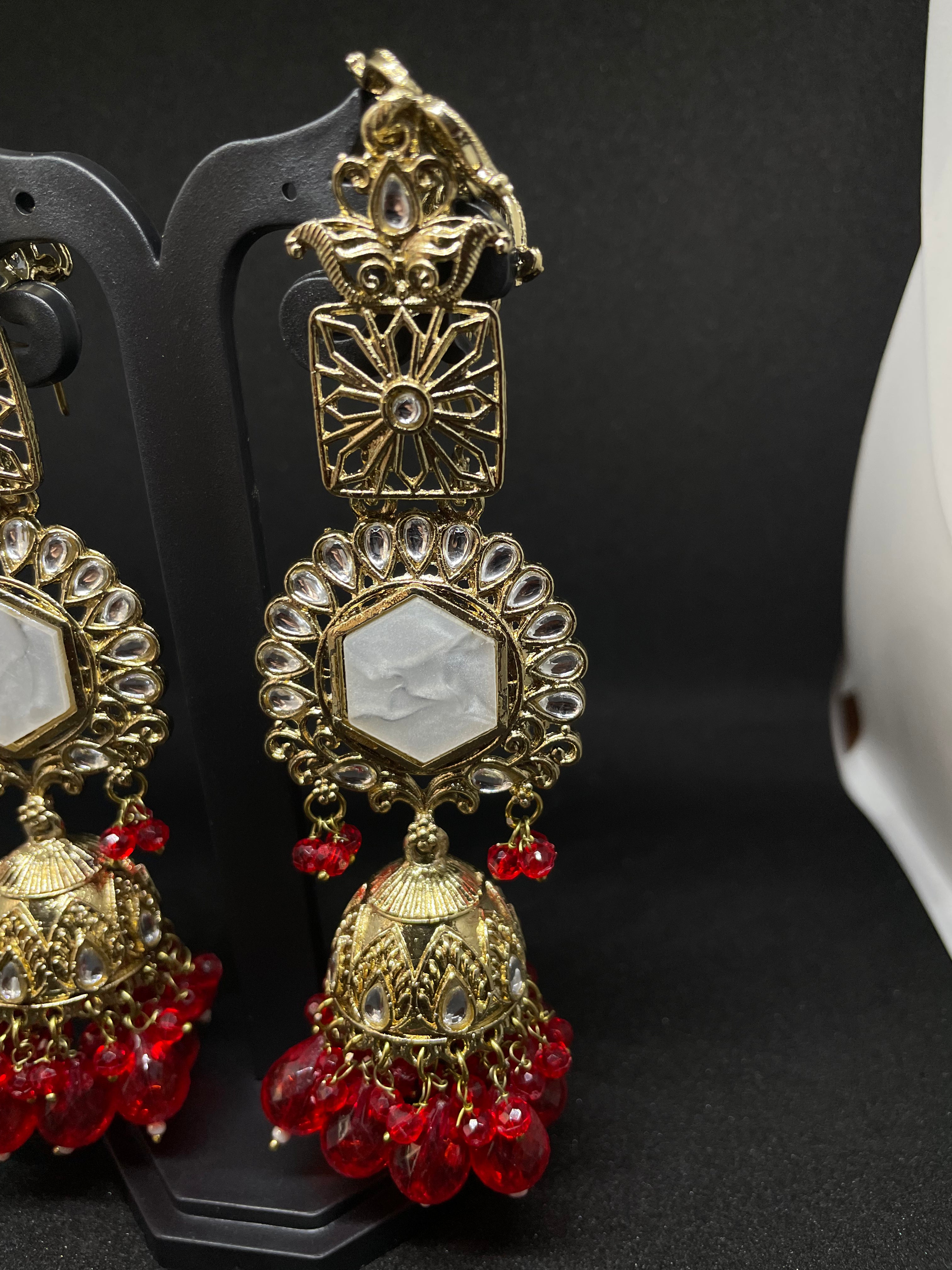 Long Red Beaded Hair-Tuck Earrings