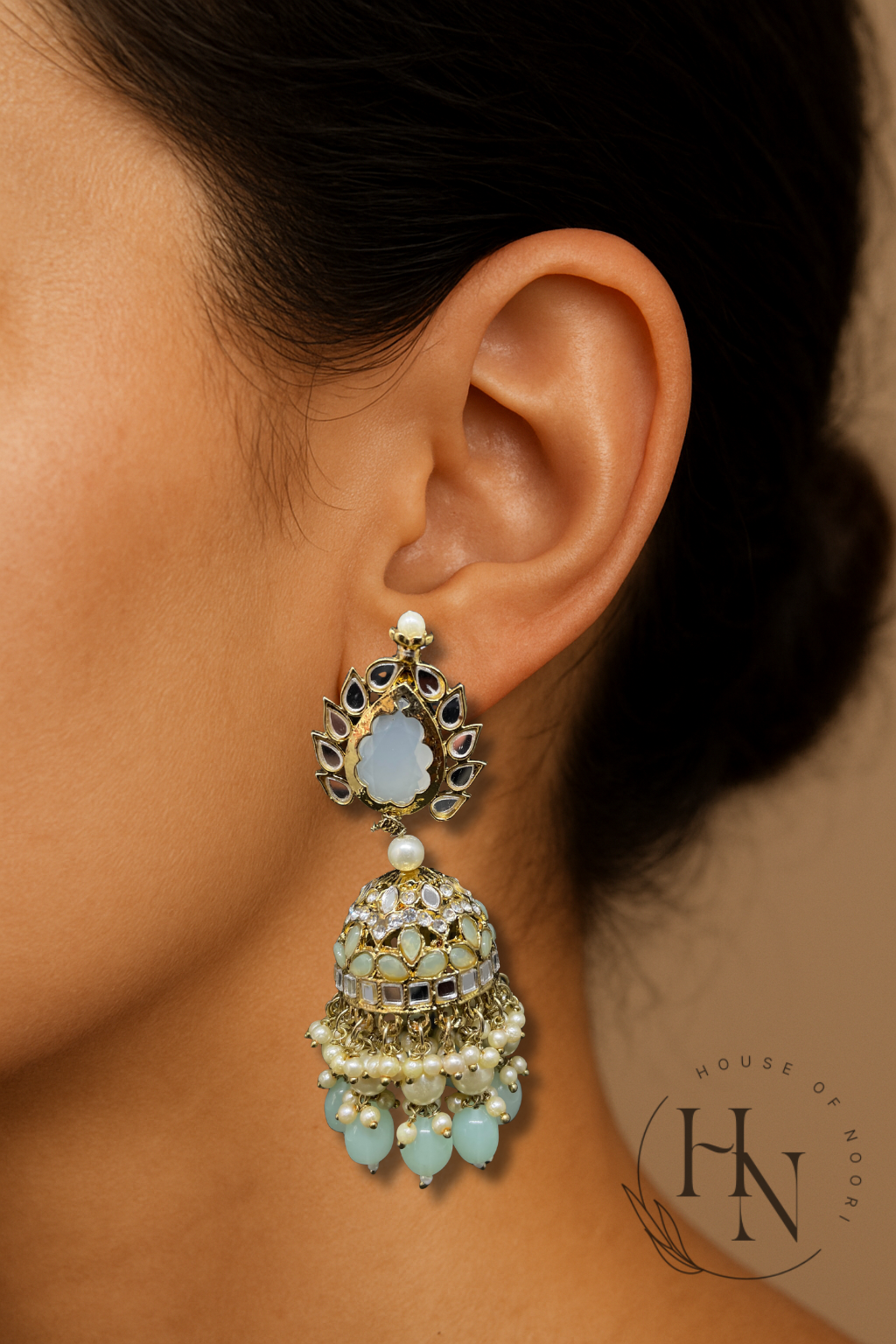 Pastel Green & White Kundan Chandbali Earrings