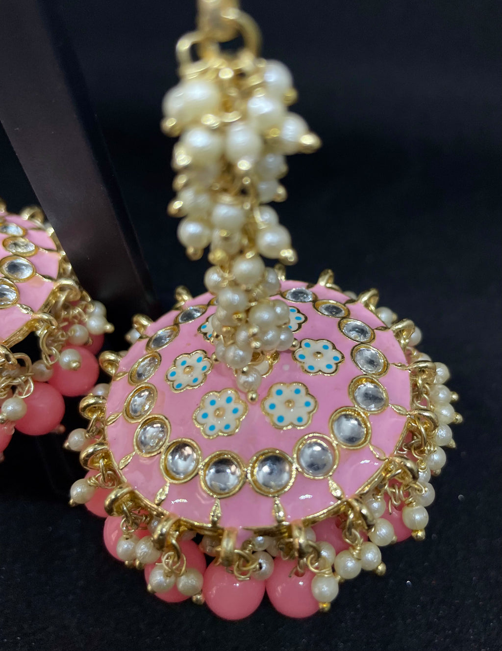 Pink Kundan Jhumkas with Pearl Detailing