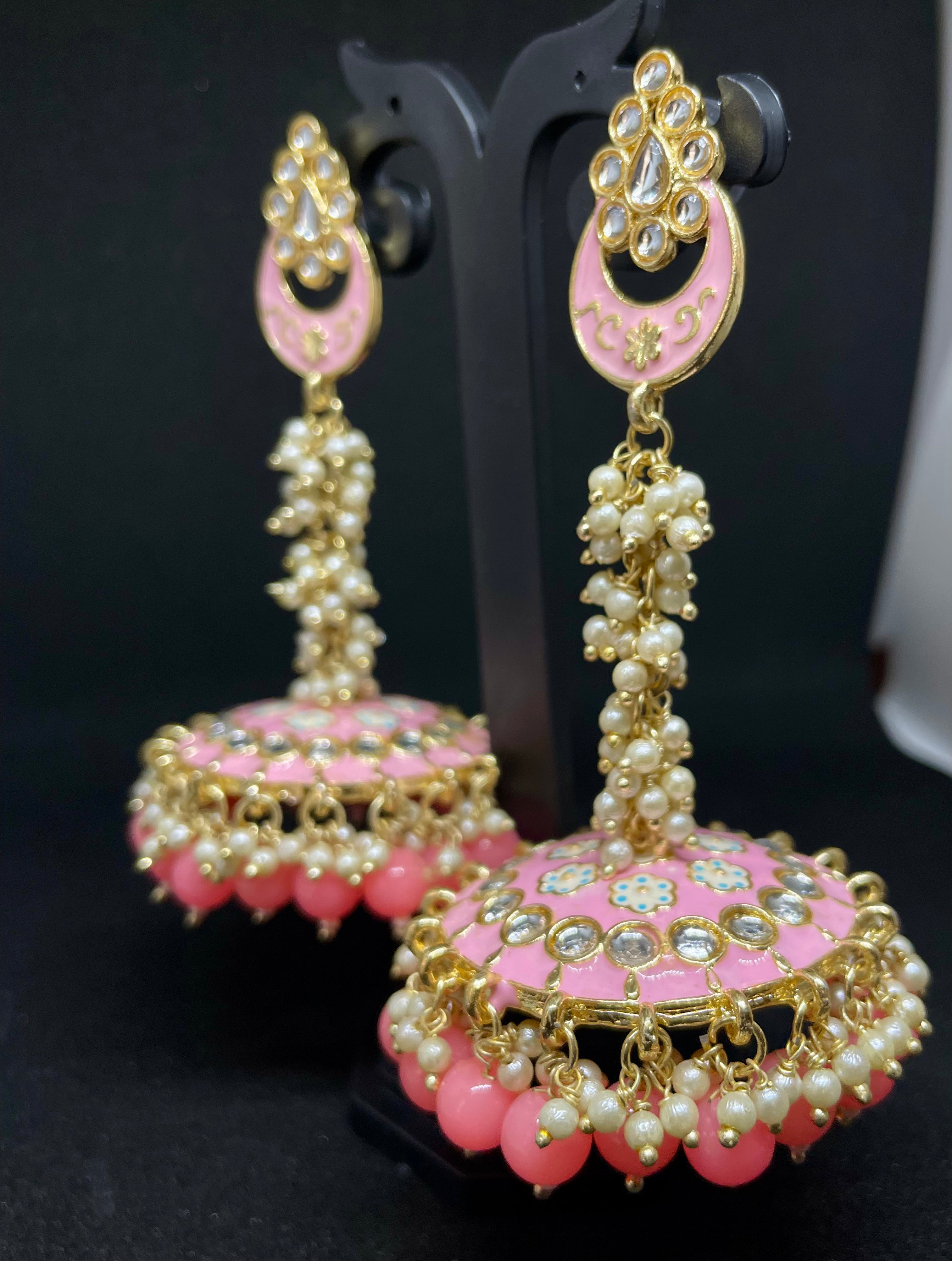 Pink Kundan Jhumkas with Pearl Detailing