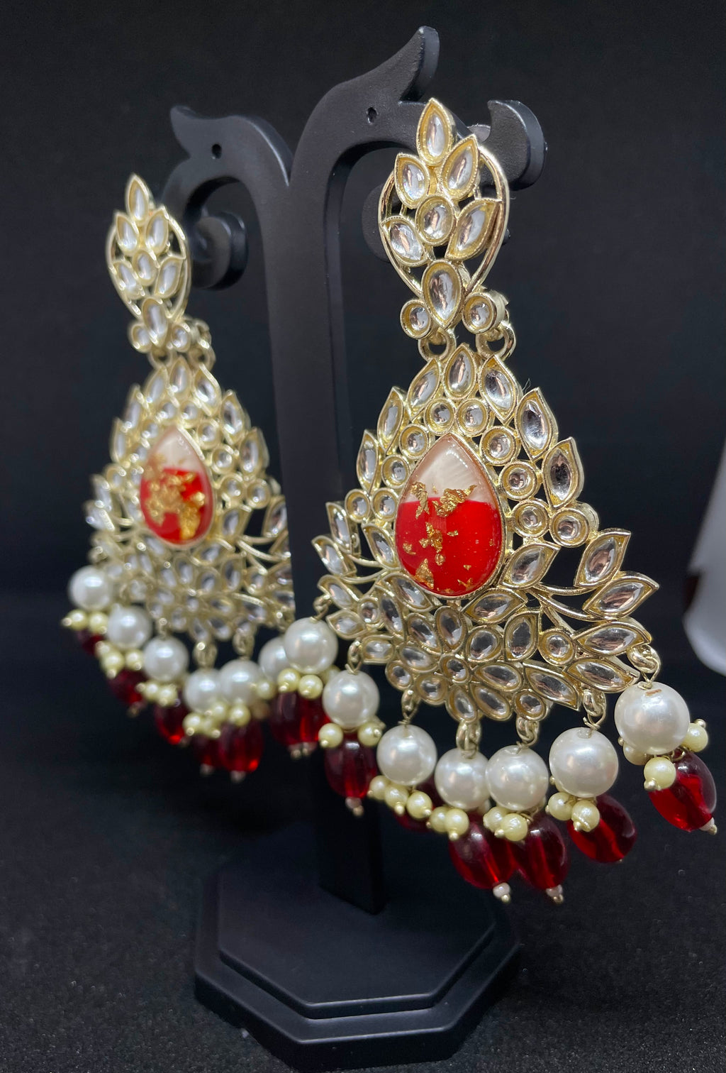 Royal Kundan Chandbali with Red Stone & Pearl Drops