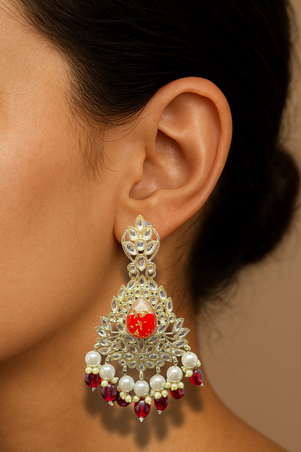 Royal Kundan Chandbali with Red Stone & Pearl Drops