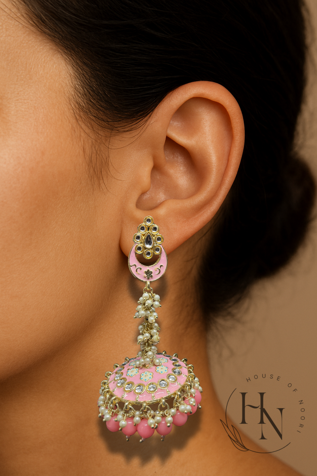 Pink Kundan Jhumkas with Pearl Detailing